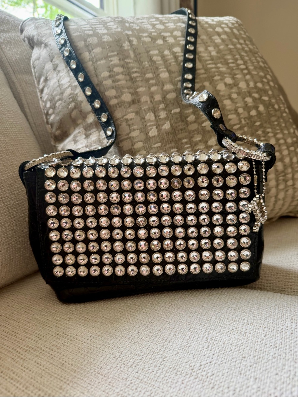 Raviani Vintage Black Croc Swarovski crystal studded handbag